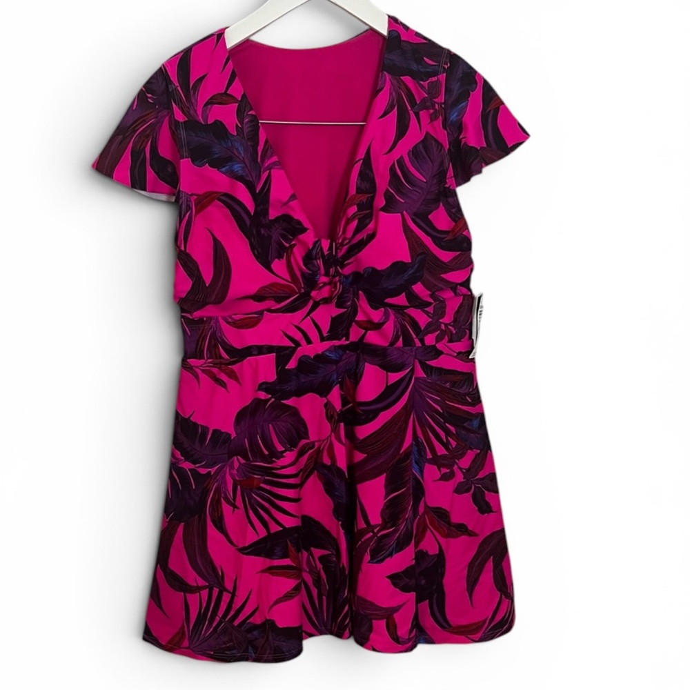 torrid Size 0 Hot Pink Tropical Print Swim Cover-Up NWT Twist Front Mini Dress - Picture 3 of 5